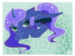 Size: 700x525 | Tagged: safe, artist:sibashen, princess luna, alicorn, pony, blushing, colored pupils, cute, floppy ears, frown, looking at you, lunabetes, missing accessory, prone, solo, wavy mouth