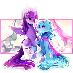 Size: 2200x2200 | Tagged: safe, artist:koveliana, derpibooru import, trixie, twilight sparkle, twilight sparkle (alicorn), alicorn, pony, chromatic aberration, color porn, female, lesbian, mare, shipping, twixie