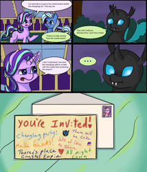 Size: 3000x3500 | Tagged: safe, artist:kysimon, derpibooru import, princess cadance, starlight glimmer, thorax, trixie, alicorn, changeling, pony, to where and back again, ..., comic, letter, schmuck bait, scrunchy face, stamp