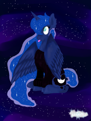 Size: 2448x3264 | Tagged: safe, artist:wintaura, princess luna, alicorn, pony, clothes, fluffy, sitting, solo, space, sweater, tongue out