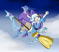 Size: 1269x1132 | Tagged: safe, artist:alazak, derpibooru import, trixie, human, broom, female, flying, flying broomstick, humanized, night, open mouth, smiling, solo, stars, wand, witch