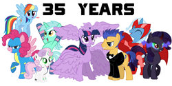 Size: 1000x500 | Tagged: safe, derpibooru import, flash sentry, lyra heartstrings, pinkie pie, rainbow dash, rarity, sweetie belle, sweetie bot, trixie, twilight sparkle, twilight sparkle (alicorn), alicorn, earth pony, pegasus, pony, unicorn, anniversary, april fools, clothes, equestria daily, exploitable meme, female, mare, meme, scarlet witch, socks, striped socks, waifu thief, wat, wonderbolts uniform