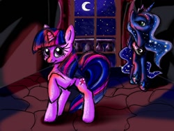 Size: 1024x768 | Tagged: safe, artist:amy2sa-fan, princess luna, twilight sparkle, alicorn, pony, crescent moon, moon, night, transparent moon