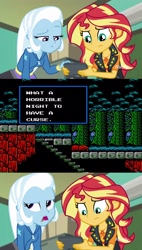 Size: 2044x3610 | Tagged: safe, derpibooru import, edit, screencap, sunset shimmer, trixie, better together, equestria girls, forgotten friendship, castlevania, castlevania ii, exploitable meme, meme, nintendo entertainment system, sunset's recording