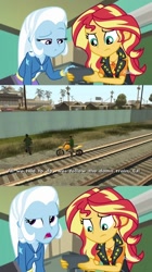 Size: 1028x1830 | Tagged: safe, derpibooru import, edit, edited screencap, screencap, sunset shimmer, trixie, better together, equestria girls, forgotten friendship, big smoke, carl johnson, exploitable meme, follow the damn train, grand theft auto, gta san andreas, meme, sunset's recording