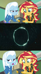 Size: 2048x3644 | Tagged: safe, derpibooru import, edit, screencap, sunset shimmer, trixie, better together, equestria girls, forgotten friendship, exploitable meme, meme, sunset's recording, the ring, this will end in death, this will end in seven days