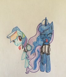 Size: 702x815 | Tagged: safe, artist:rainbowrules, princess luna, rainbow dash, alicorn, pegasus, pony, baseball cap, blowing, blowing whistle, hat, puffy cheeks, rainbow dashs coaching whistle, referee, referee rainbow dash, sports, the fun has been doubled, traditional art, whistle, whistle necklace