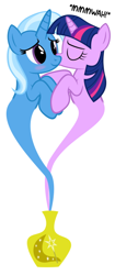 Size: 256x612 | Tagged: safe, artist:navitaserussirus, derpibooru import, trixie, twilight sparkle, asktwixiegenies, blush sticker, blushing, cropped, female, genie, kiss on the cheek, kissing, lesbian, mwah, shipping, simple background, twixie, white background