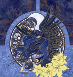 Size: 6650x6988 | Tagged: safe, artist:dueswals, princess luna, alicorn, pony, absurd resolution, eyes closed, flower, modern art, nouveau, solo, spread wings