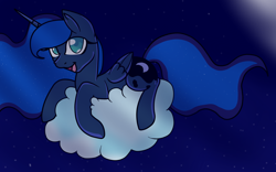 Size: 1600x1000 | Tagged: safe, artist:xxtailsytailsxx, princess luna, alicorn, pony, cloud, prone, smiling, solo