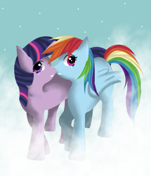 Size: 649x755 | Tagged: safe, derpibooru import, rainbow dash, twilight sparkle, pegasus, pony, female, lesbian, shipping, snow, snowfall, twidash