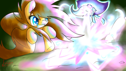 Size: 1280x720 | Tagged: safe, artist:isle-of-forgotten-dreams, derpibooru import, trixie, oc, oc:sera, magic