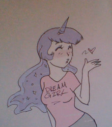 Size: 589x670 | Tagged: safe, princess luna, human, blushing, clothes, cute, heart, humanized, meta, pun, reference, shirt, t-shirt