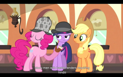 Size: 1280x800 | Tagged: safe, derpibooru import, screencap, applejack, pinkie pie, twilight sparkle, earth pony, pony, unicorn, mmmystery on the friendship express, bubble pipe, deerstalker, female, hat, mare, youtube caption