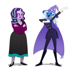 Size: 1244x1169 | Tagged: safe, artist:bubba-smith, derpibooru import, starlight glimmer, trixie, human, clothes, duo, horned humanization, humanized, simple background, transparent background