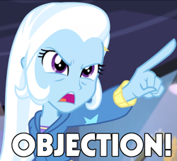 Size: 919x835 | Tagged: safe, derpibooru import, screencap, trixie, equestria girls, guitar centered, rainbow rocks, ace attorney, angry, barrette, check em, clothes, dress, exploitable meme, female, frown, hairclip, hairpin, hax, hoodie, image macro, meme, music store, objection, open mouth, pointing, pointing trixie, solo, text edit, trixie yells at everything, upset