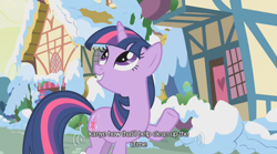 Size: 500x277 | Tagged: safe, derpibooru import, screencap, twilight sparkle, pony, unicorn, female, mare, purple coat, solo, youtube caption