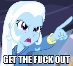 Size: 919x835 | Tagged: safe, derpibooru import, screencap, trixie, equestria girls, guitar centered, rainbow rocks, gtfo, image macro, meme, pointing trixie, reaction image, solo, trixie yells at everything, vulgar