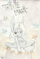 Size: 692x1019 | Tagged: safe, artist:slightlyshade, derpibooru import, trixie, pony, unicorn, grin, smiling, solo, traditional art