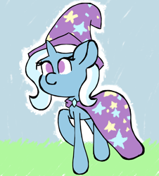 Size: 2430x2694 | Tagged: safe, artist:jmctnt, derpibooru import, trixie, pony, unicorn, cape, clothes, cute, female, hat, mare, no pupils, raised hoof, solo, trixie's cape, trixie's hat