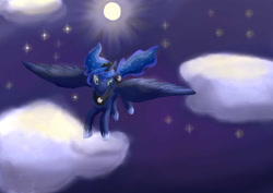 Size: 1024x724 | Tagged: safe, artist:foxhat94, princess luna, alicorn, pony, flying, moon, night, solo