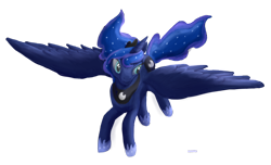 Size: 1024x624 | Tagged: safe, artist:foxhat94, princess luna, alicorn, pony, simple background, smiling, solo, spread wings, transparent background