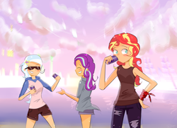 Size: 3897x2829 | Tagged: safe, artist:noahther, derpibooru import, edit, starlight glimmer, sunset shimmer, trixie, human, blushing, clothes, cloud, counterparts, drink, hoodie, humanized, jeans, pants, shorts, sky, smiling, summer, sunglasses, super mario bros., twilight's counterparts