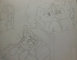 Size: 2525x1980 | Tagged: safe, artist:ljdamz1119, derpibooru import, starlight glimmer, sunburst, trixie, pony, unicorn, bed, dream, monochrome, pillow, starlight's room, traditional art, trixburst