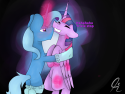 Size: 2048x1536 | Tagged: safe, artist:purple-parridice2-0, derpibooru import, trixie, twilight sparkle, twilight sparkle (alicorn), alicorn, pony, unicorn, clothes, duo, eyes closed, female, glowing horn, kissing, lesbian, magic, mare, shipping, socks, telekinesis, tickling, twixie