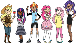 Size: 1137x663 | Tagged: safe, artist:hospitalvespers, derpibooru import, applejack, fluttershy, pinkie pie, rainbow dash, rarity, twilight sparkle, clothes, humanized, mane six, skirt, sweater, sweatershy