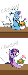 Size: 600x1604 | Tagged: safe, artist:dekomaru, derpibooru import, trixie, twilight sparkle, pony, unicorn, ask, comic, cropped, female, food, ice cream, lesbian, revenge, shipping, slipping, tumblr, tumblr:ask twixie, twixie