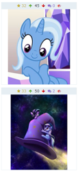 Size: 255x557 | Tagged: safe, artist:phoenixperegrine, derpibooru import, screencap, starlight glimmer, trixie, pony, unicorn, all bottled up, clothes, cute, derpibooru, diatrixes, duo, female, glimmerbetes, hat, juxtaposition, mare, meta, pointing, rocket, space, toy interpretation, trixie's hat, trixie's rocket