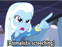 Size: 506x386 | Tagged: safe, derpibooru import, trixie, equestria girls, guitar centered, rainbow rocks, descriptive noise, image macro, invasion of the body snatchers, meme, pointing trixie, solo, trixie yells at everything