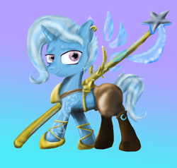 Size: 3468x3300 | Tagged: safe, artist:ffwindchaser, derpibooru import, trixie, pony, unicorn, clothes, earring, female, gradient background, mare, solo, staff, weapon