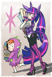 Size: 573x850 | Tagged: safe, artist:gashi-gashi, derpibooru import, spike, twilight sparkle, book, clothes, eared humanization, glasses, high heels, horned humanization, humanized, natural hair color, pantyhose, skirt, tailed humanization