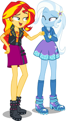 Size: 992x1800 | Tagged: safe, artist:seahawk270, derpibooru import, sunset shimmer, trixie, better together, equestria girls, forgotten friendship, boots, clothes, crossed arms, geode of empathy, high heel boots, hoodie, one eye closed, open mouth, simple background, skirt, socks, transparent background, vector