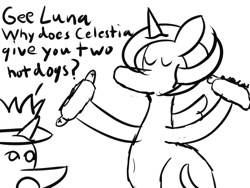 Size: 800x600 | Tagged: safe, artist:wyodak, princess cadance, princess luna, alicorn, pony, exploitable meme, gee bill, horny luna, hot dog, hotdog meme, meme, monochrome