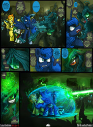 Size: 2376x3240 | Tagged: safe, artist:dracojayproduct, princess luna, queen chrysalis, spitfire, oc, oc:pierson, oc:willow, alicorn, changeling, changeling queen, pony, comic:lunar isolation, comic, dark magic, magic, sombra eyes