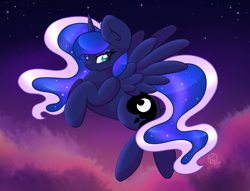 Size: 1024x781 | Tagged: safe, artist:xelectrobeats, princess luna, alicorn, pony, female, flying, horn, mare, solo