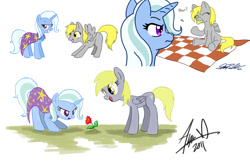 Size: 1058x691 | Tagged: safe, artist:terdburgler, derpibooru import, derpy hooves, trixie, pegasus, pony, cape, clothes, cute, female, flower, mare, pear, trixie's cape