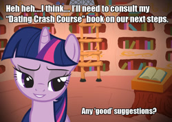 Size: 1083x772 | Tagged: safe, derpibooru import, twilight sparkle, adorkable, awkward, bedroom eyes, book, cute, dating, dork, golden oaks library, image macro, meme, random