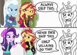 Size: 1609x1152 | Tagged: safe, artist:threetwotwo32232, derpibooru import, edit, edited screencap, screencap, princess cadance, starlight glimmer, sunset shimmer, trixie, alicorn, better together, equestria girls, forgotten friendship, mirror magic, spoiler:eqg specials, always ship this, beanie, comic, dialogue, exploitable meme, female, glasses, hat, lesbian, meme, mouthpiece, my hero academia, op is a cuck, op is trying to start shit, parody, princess of shipping, shimmerglimmer, shipper on deck, shipping, suntrix