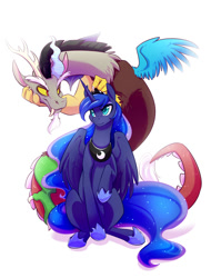 Size: 800x1050 | Tagged: safe, artist:duskyamore, discord, princess luna, alicorn, draconequus, pony, duo