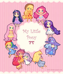 Size: 730x860 | Tagged: safe, artist:dav-19, derpibooru import, apple bloom, applejack, derpy hooves, fluttershy, pinkie pie, rainbow dash, rarity, scootaloo, sweetie belle, trixie, twilight sparkle, human, chibi, clothes, cute, cutie mark crusaders, dress, horned humanization, humanized, mane six, title drop, winged humanization