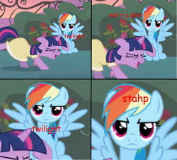 Size: 1039x938 | Tagged: safe, derpibooru import, rainbow dash, twilight sparkle, pegasus, pony, comic, comic sans, funny, meme, rainbow dash is not amused, stahp, unamused