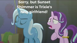 Size: 1366x768 | Tagged: safe, derpibooru import, edit, edited screencap, screencap, starlight glimmer, sunset shimmer, trixie, pony, unicorn, no second prances, female, lesbian, shipping, suntrix