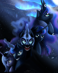Size: 1024x1280 | Tagged: safe, artist:niegelvonwolf, nightmare moon, princess luna, alicorn, pony, angry, crying, lunar trinity, nightmare luna, s1 luna, sad