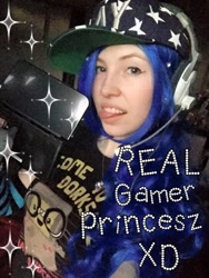 Size: 540x720 | Tagged: safe, artist:littlemissbloo, princess luna, human, 3ds, gamer luna, headset, irl, irl human, looking at you, photo, solo, sparkles, tongue out
