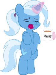 Size: 1100x1474 | Tagged: safe, artist:zacatron94, derpibooru import, trixie, pony, alternate hairstyle, bipedal, clone, coffee, lula, magic, morning ponies, mug, ponytail, simple background, solo, transparent background, vector, yawn