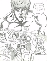 Size: 2550x3283 | Tagged: artist needed, safe, derpibooru import, trixie, human, pony, unicorn, comic, female, hokuto no ken, kenshiro, male, mare, monochrome